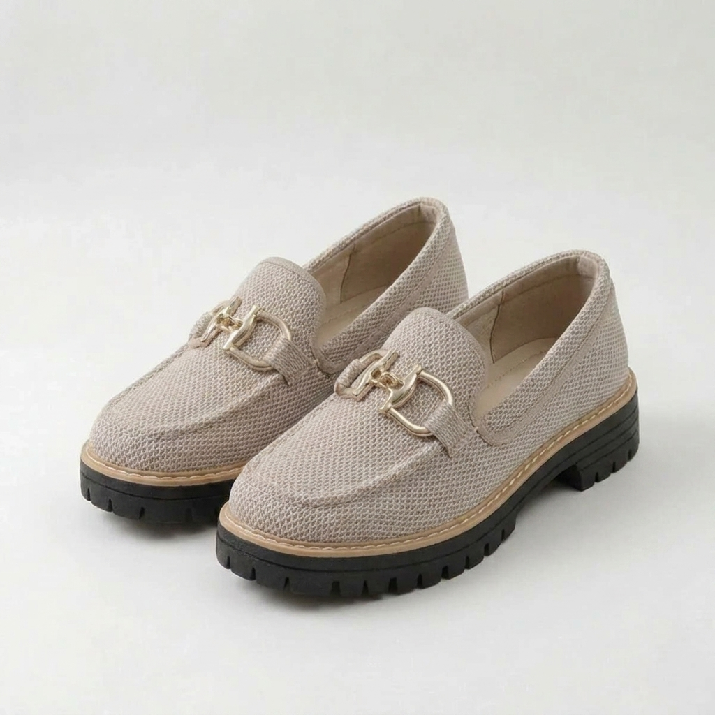 Women's beige mesh loafers with gold-tone horsebit trim and chunky black soles