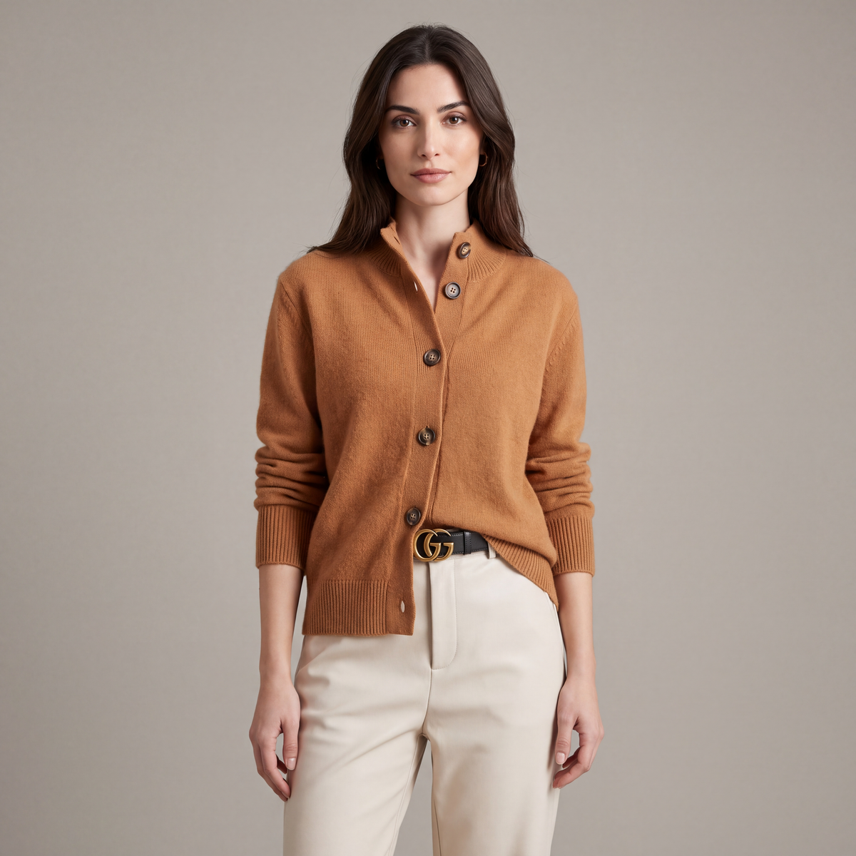 Women's button cardigan with long sleeves and ribbed trims