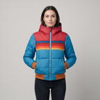 Women's hooded colourblock puffer jacket with striped panels and zipped pockets