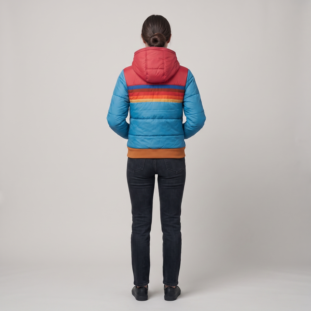 Women's hooded colourblock puffer jacket with striped panels and zipped pockets