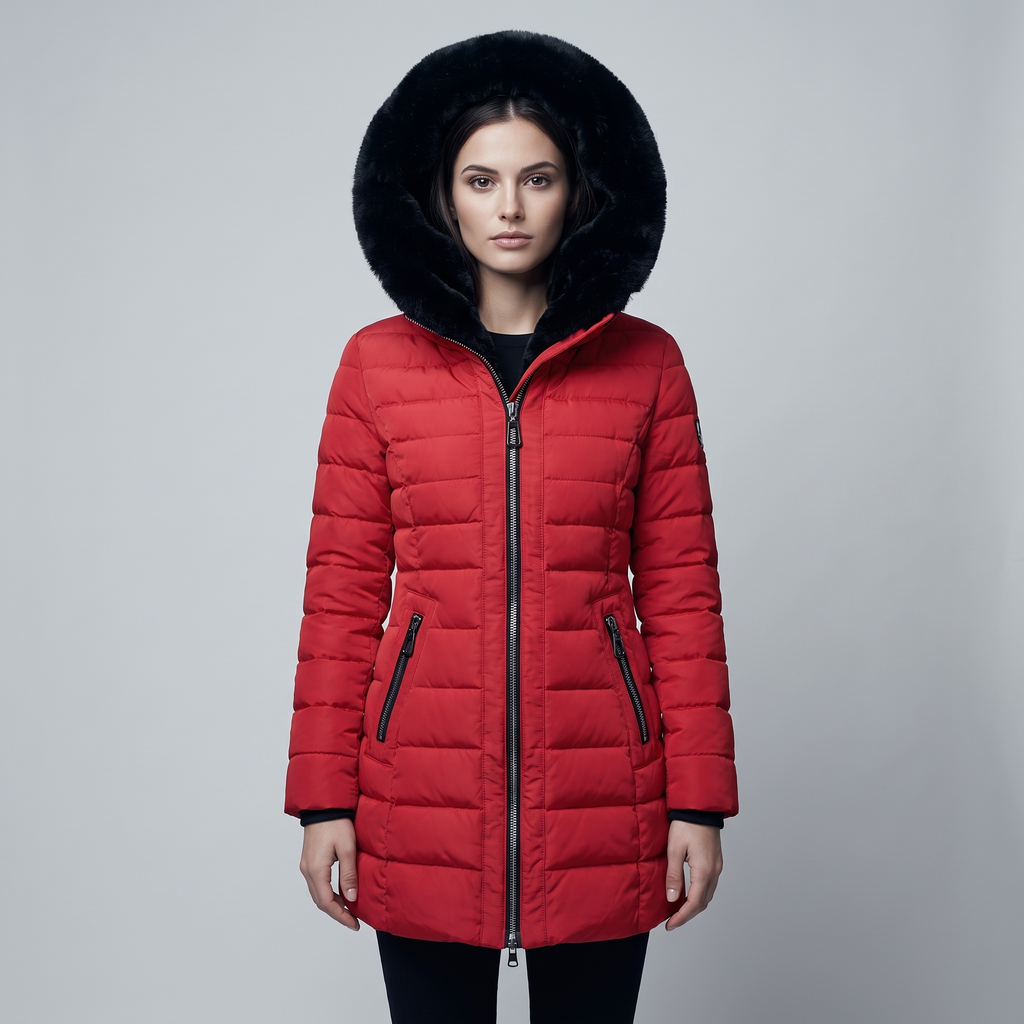 Women's long quilted puffer jacket with hood and faux fur trim