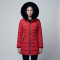 Women's long quilted puffer jacket with hood and faux fur trim