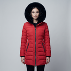 Women's long quilted puffer jacket with hood and faux fur trim