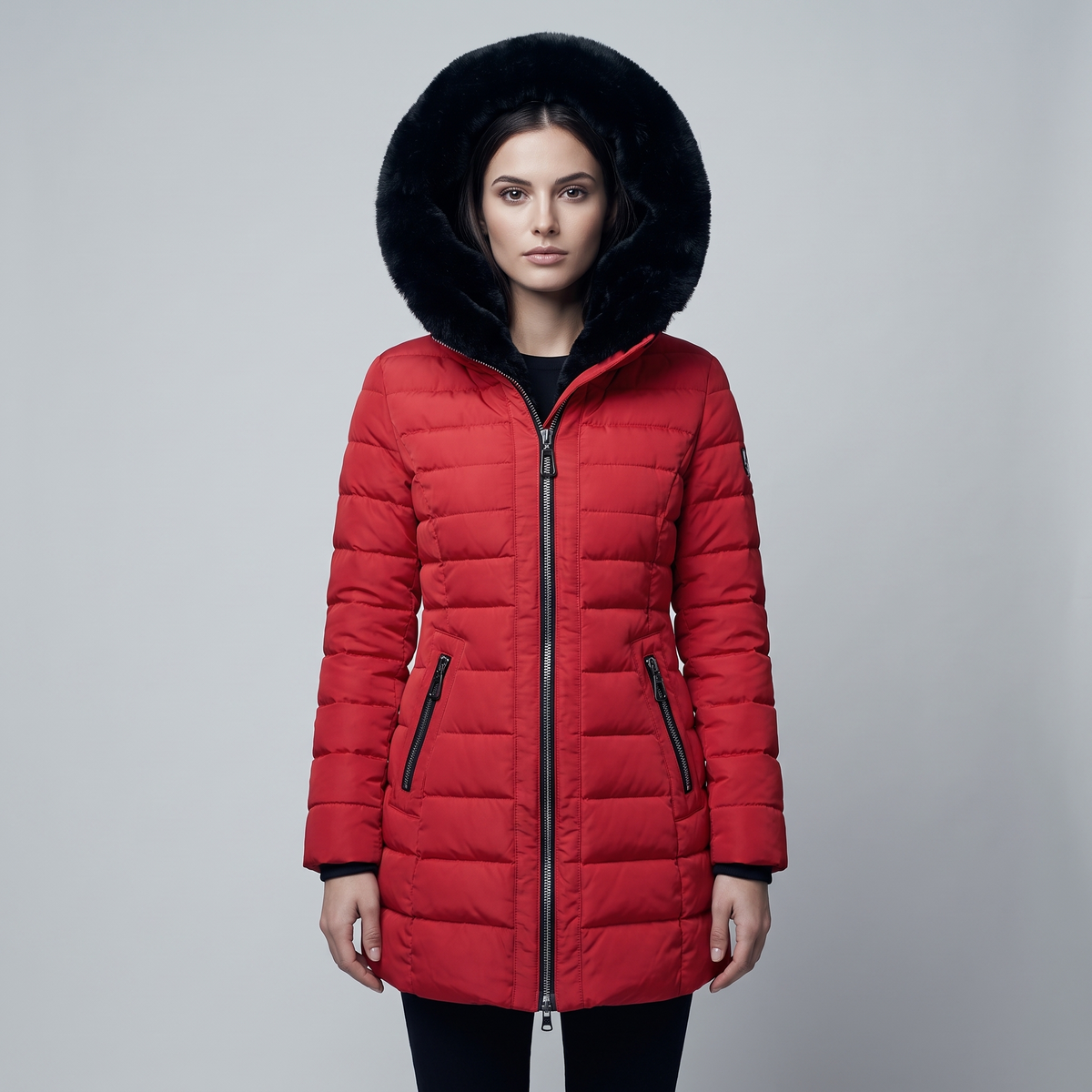 Women's long quilted puffer jacket with hood and faux fur trim