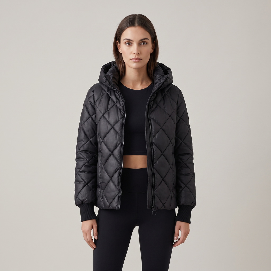 Women's oversized quilted hooded puffer jacket with long sleeves and zip front