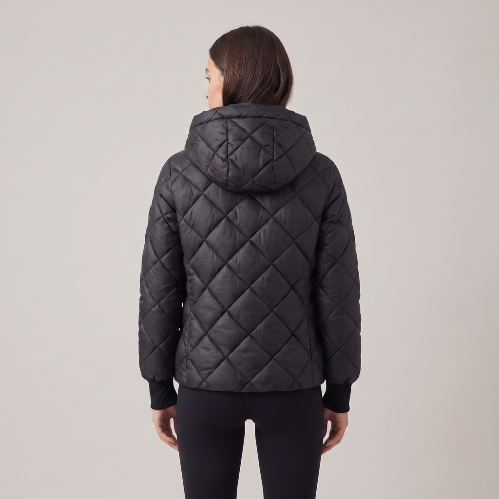 Women's oversized quilted hooded puffer jacket with long sleeves and zip front