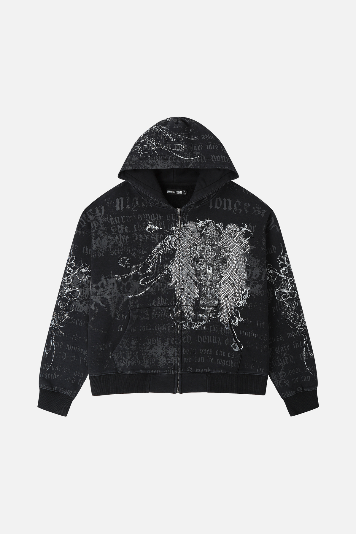 Men's black zip hoodie with hood and gothic text and graphic print