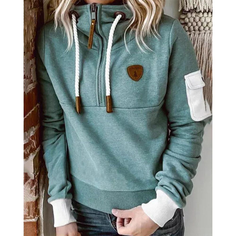 Women's hooded sweatshirt with front zip, drawstrings, ribbed trims and sleeve pocket