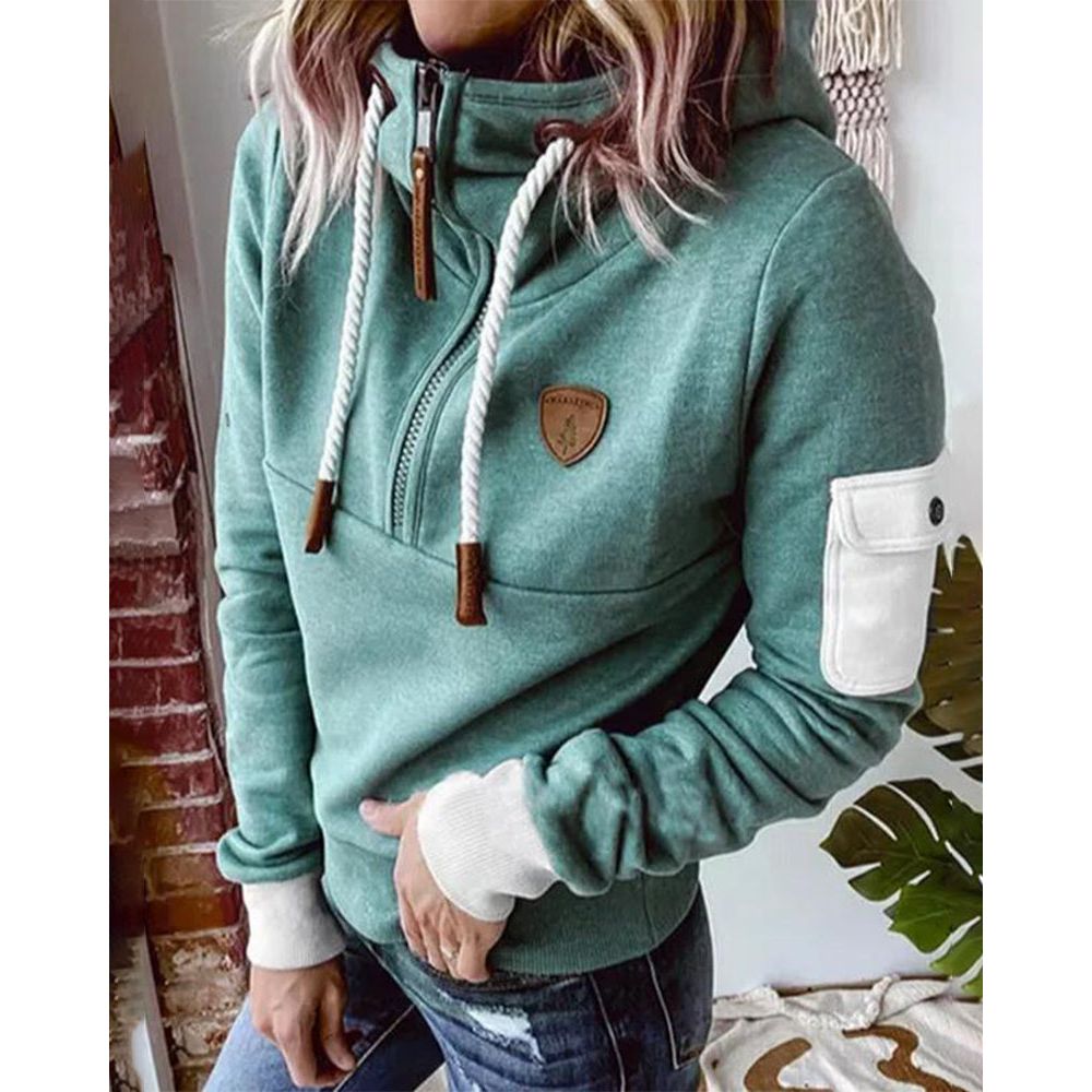 Women's hooded sweatshirt with front zip, drawstrings, ribbed trims and sleeve pocket