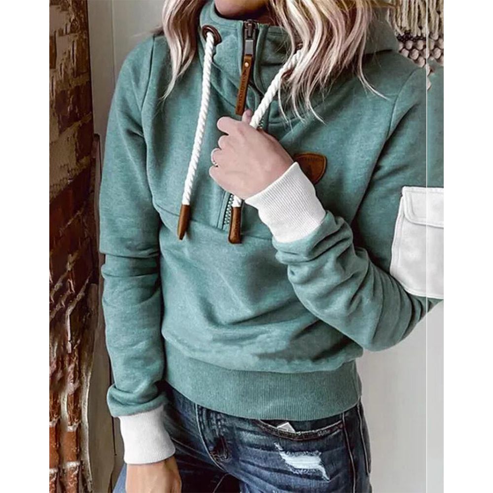 Women's hooded sweatshirt with front zip, drawstrings, ribbed trims and sleeve pocket