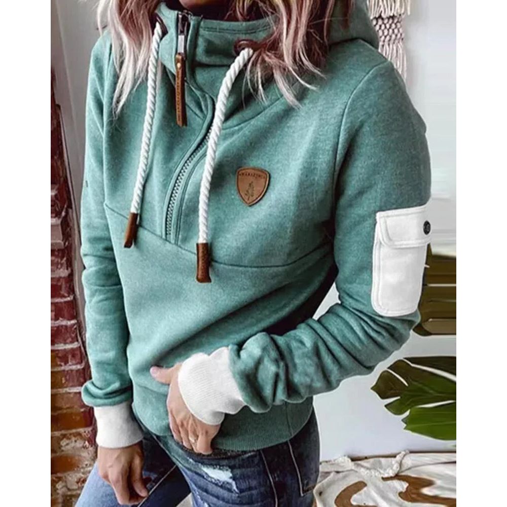 Women's hooded sweatshirt with front zip, drawstrings, ribbed trims and sleeve pocket