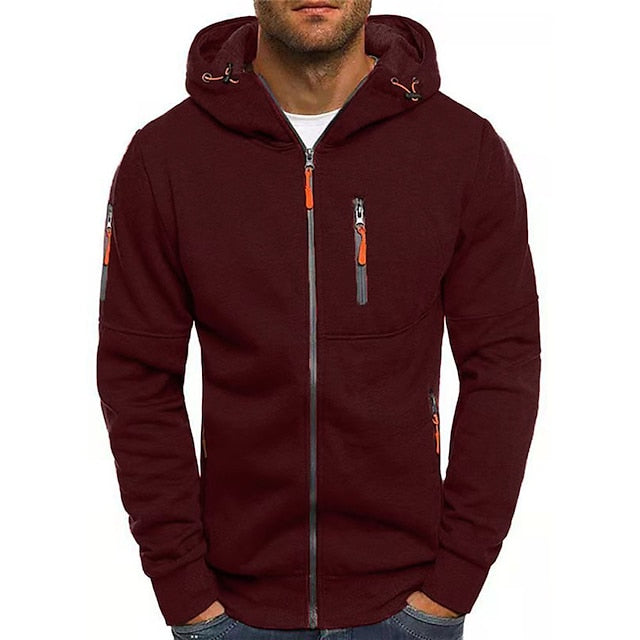 Men's hooded zip-up hoodie with multiple pockets and long sleeves