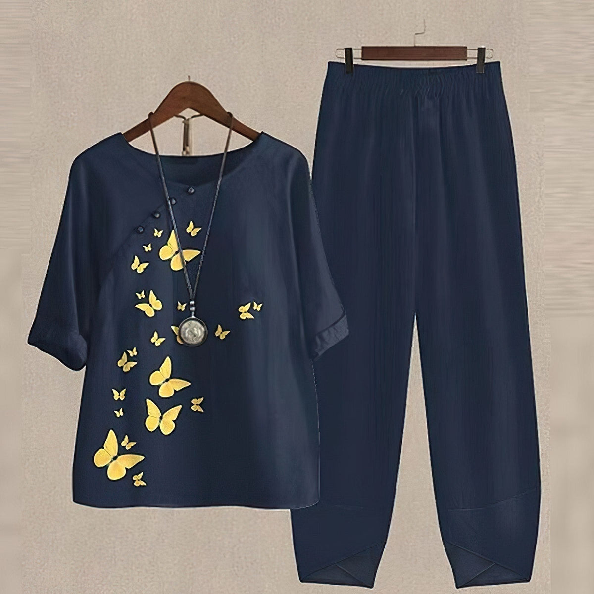 Women's patterned short-sleeve top and long trousers two-piece set