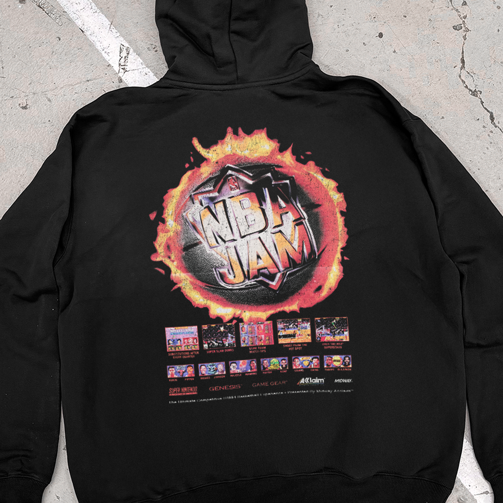Black hooded hoodie with colourful NBA JAM graphic print and long sleeves