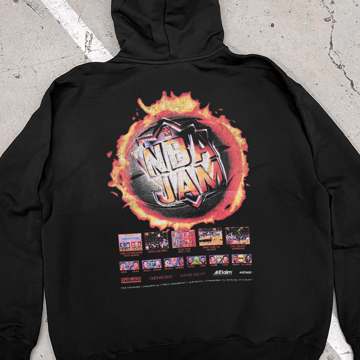 Black hooded hoodie with colourful NBA JAM graphic print and long sleeves