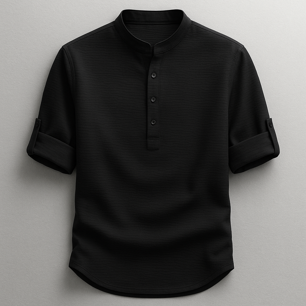 Men's textured Henley shirt with Mandarin collar, button placket and roll-tab sleeves