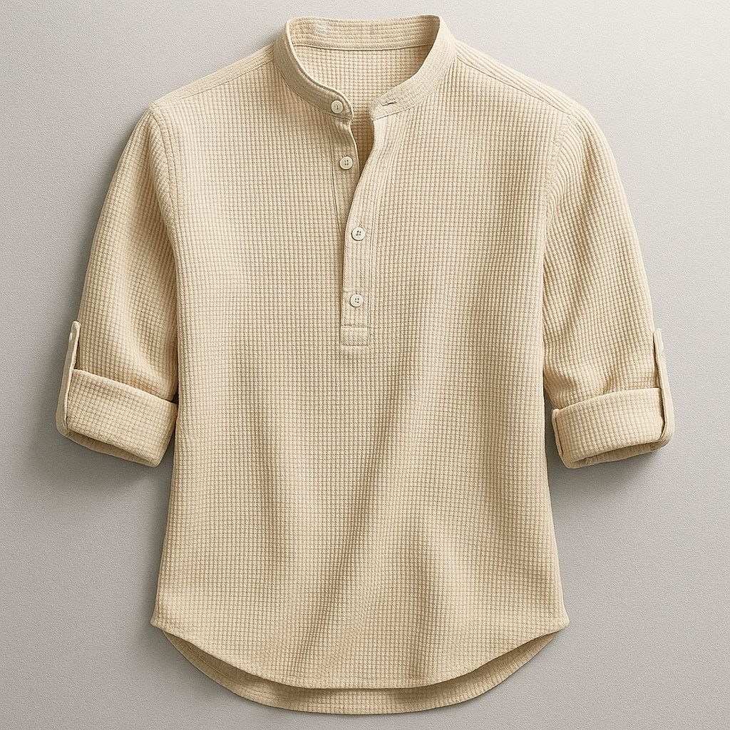 Men's textured Henley shirt with Mandarin collar, button placket and roll-tab sleeves