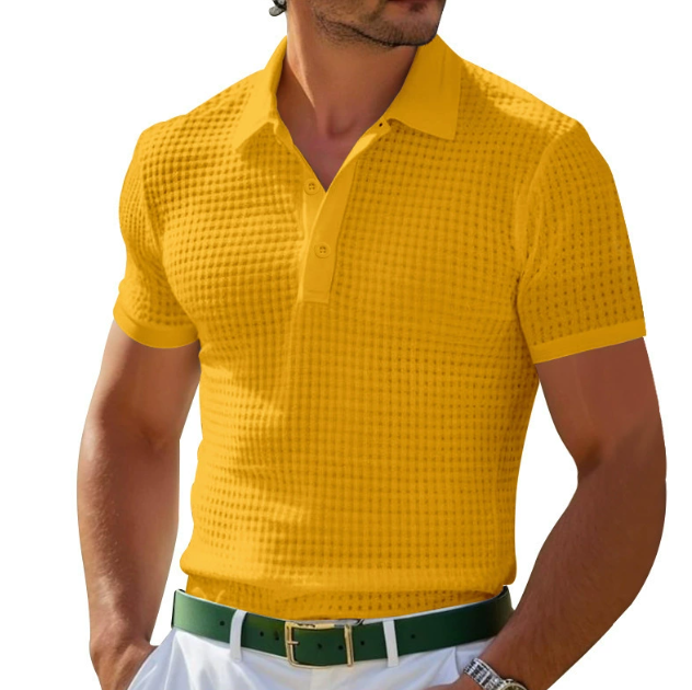 Men's short-sleeve textured polo shirt with collared neckline and button placket