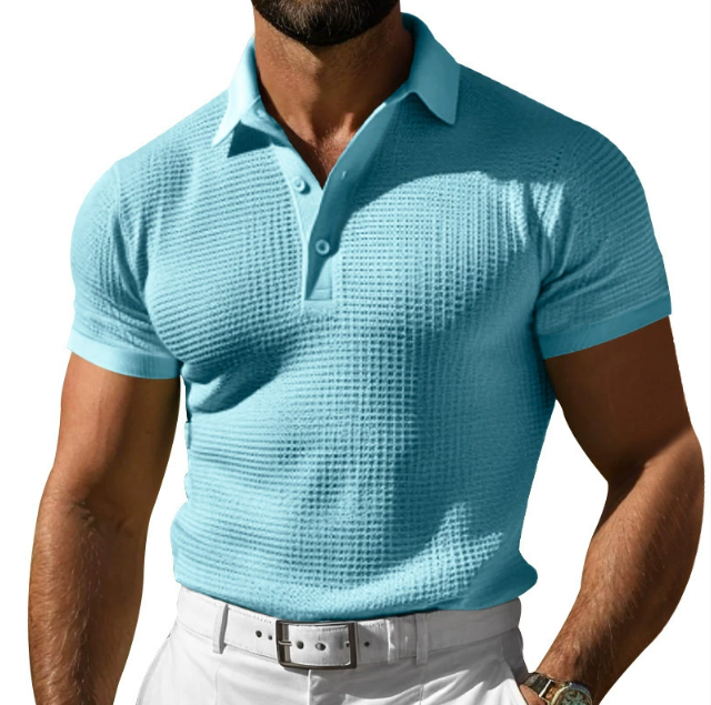 Men's short-sleeve textured polo shirt with collared neckline and button placket
