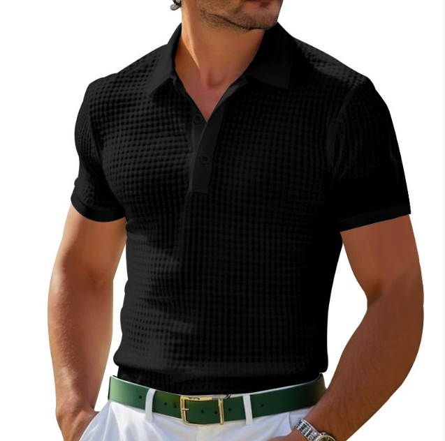 Men's short-sleeve textured polo shirt with collared neckline and button placket