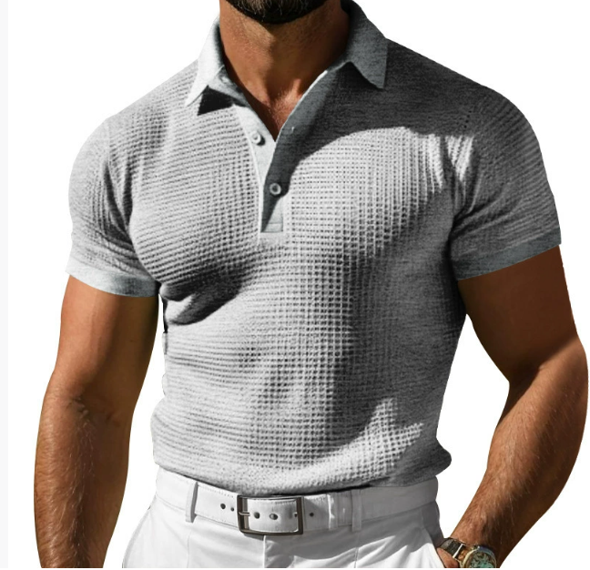 Men's short-sleeve textured polo shirt with collared neckline and button placket