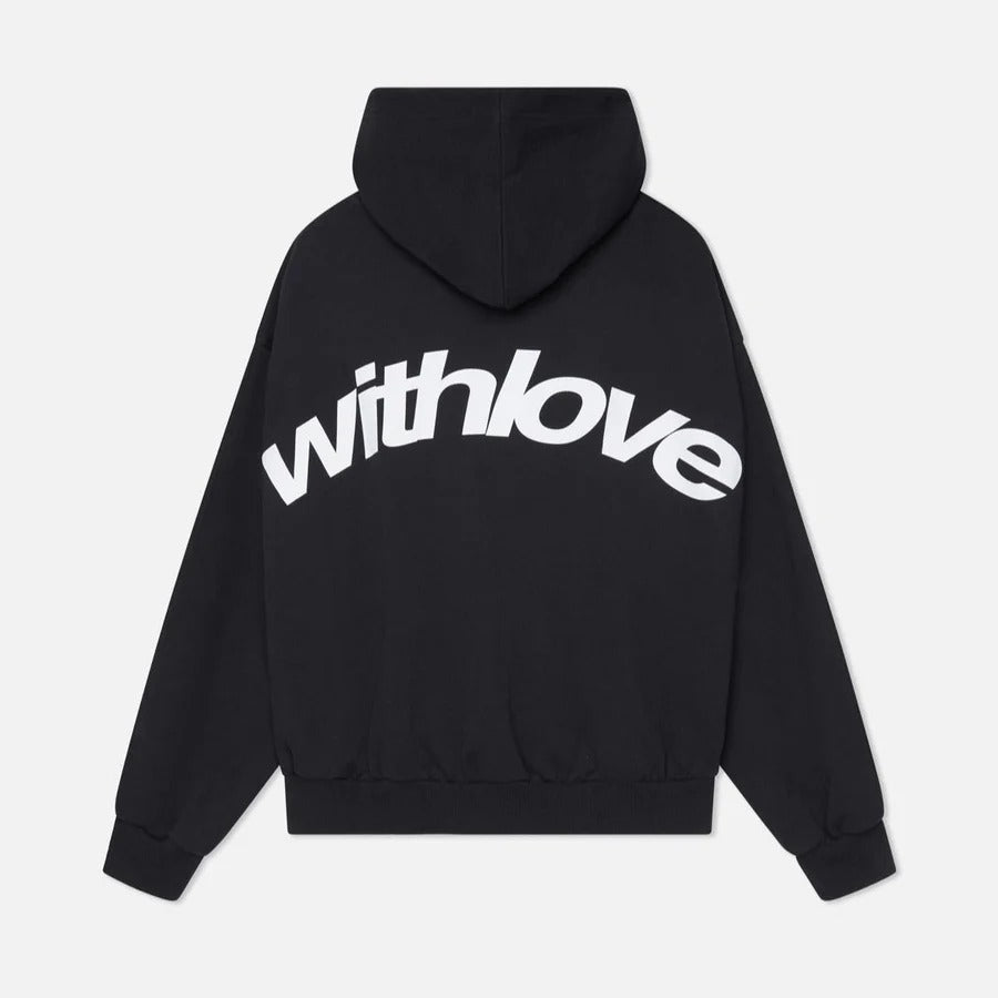 Oversized hooded pullover hoodie with large graphic text on the back