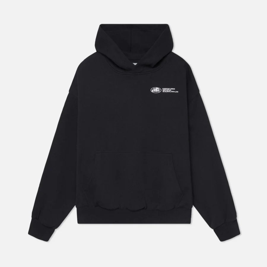 Oversized hooded pullover hoodie with large graphic text on the back