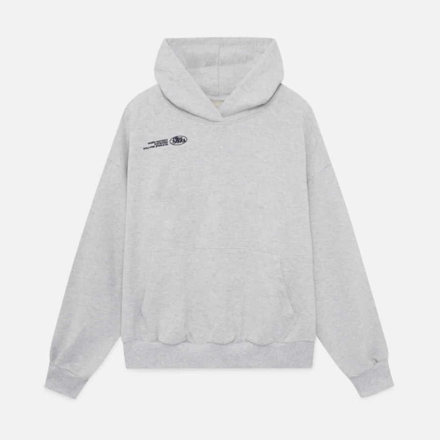 Oversized hooded pullover hoodie with large graphic text on the back