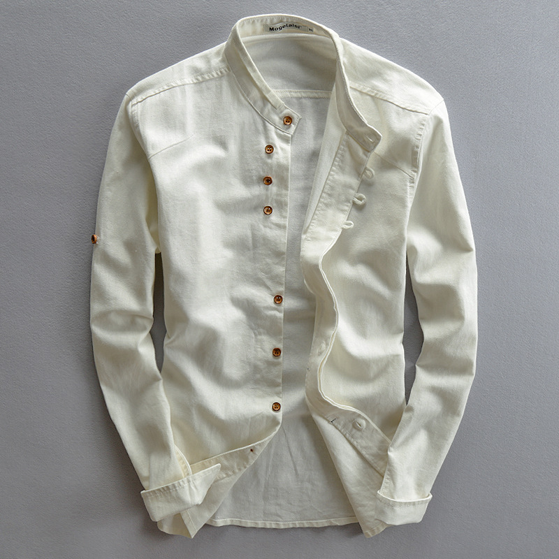 Men's long-sleeve mandarin collar shirt with button front and turned-back cuffs