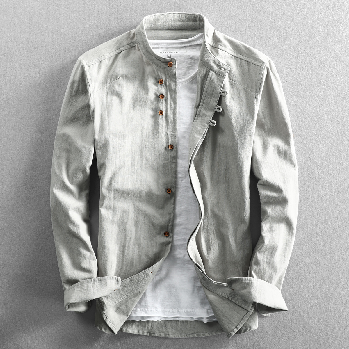Men's long-sleeve mandarin collar shirt with button front and turned-back cuffs