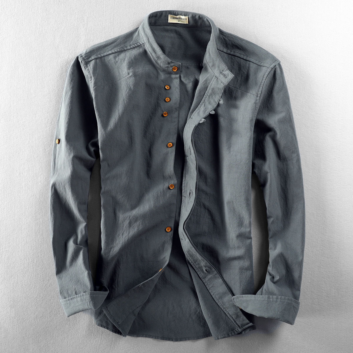 Men's long-sleeve mandarin collar shirt with button front and turned-back cuffs
