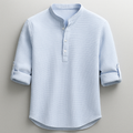 Men's textured Henley shirt with Mandarin collar, button placket and roll-tab sleeves