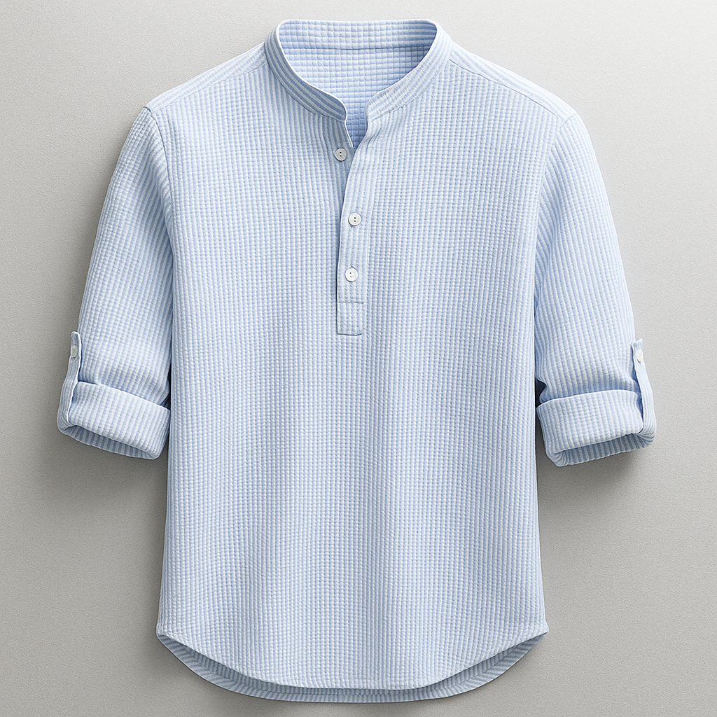 Men's textured Henley shirt with Mandarin collar, button placket and roll-tab sleeves