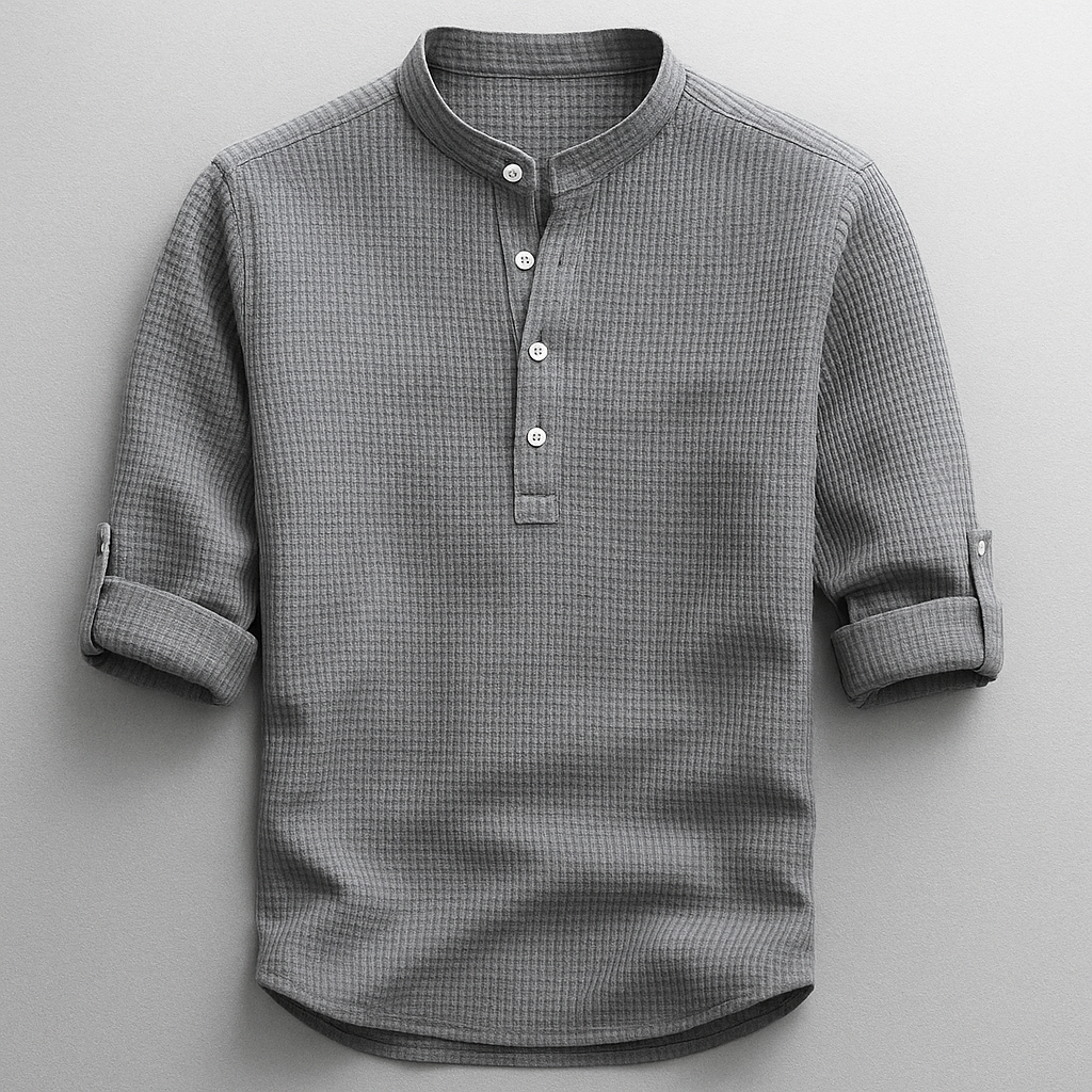 Men's textured Henley shirt with Mandarin collar, button placket and roll-tab sleeves