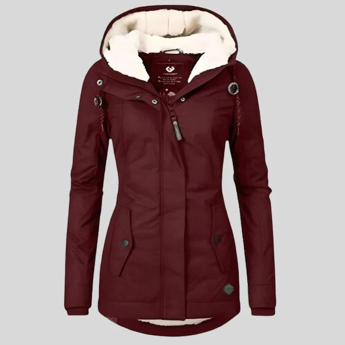 Women's hooded padded jacket with long sleeves, fleece-lined hood and front zip