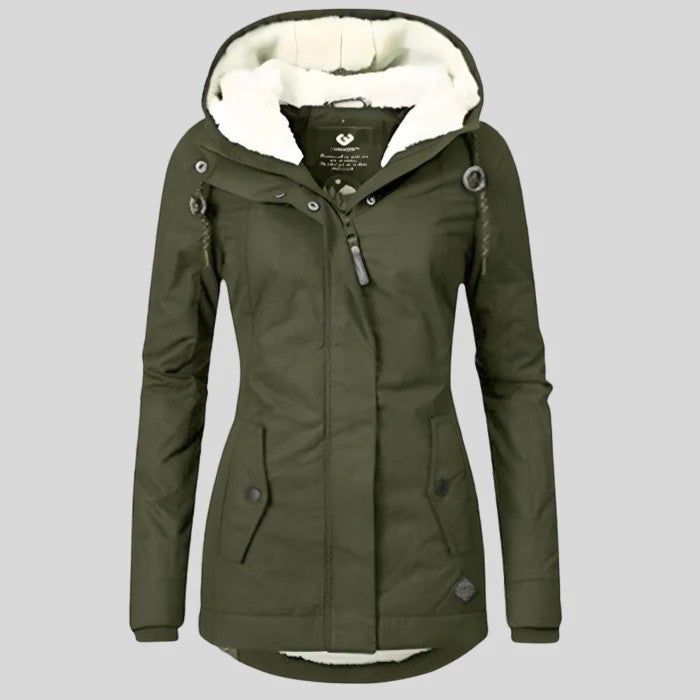 Women's hooded padded jacket with long sleeves, fleece-lined hood and front zip