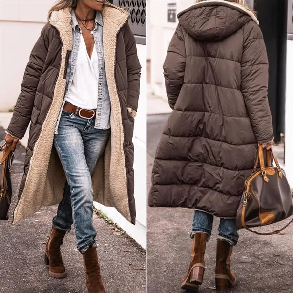 Women's long quilted hooded coat with contrasting textured trim and side pockets