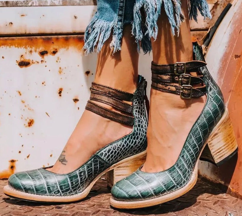 Women's closed-toe block heel shoes with multiple buckle ankle straps