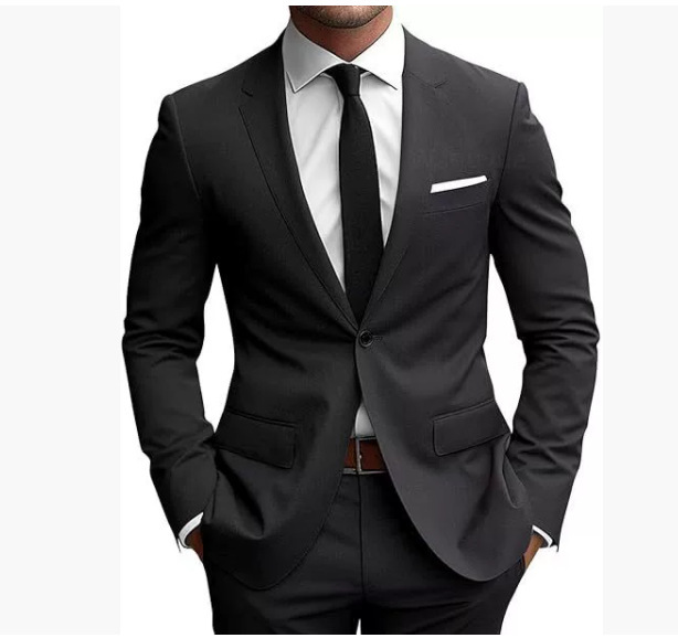Men's burgundy slim fit suit with notched lapels, button jacket and matching trousers