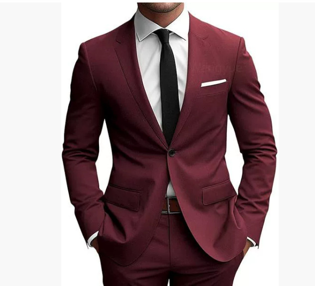 Men's burgundy slim fit suit with notched lapels, button jacket and matching trousers