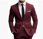 Men's burgundy slim fit suit with notched lapels, button jacket and matching trousers