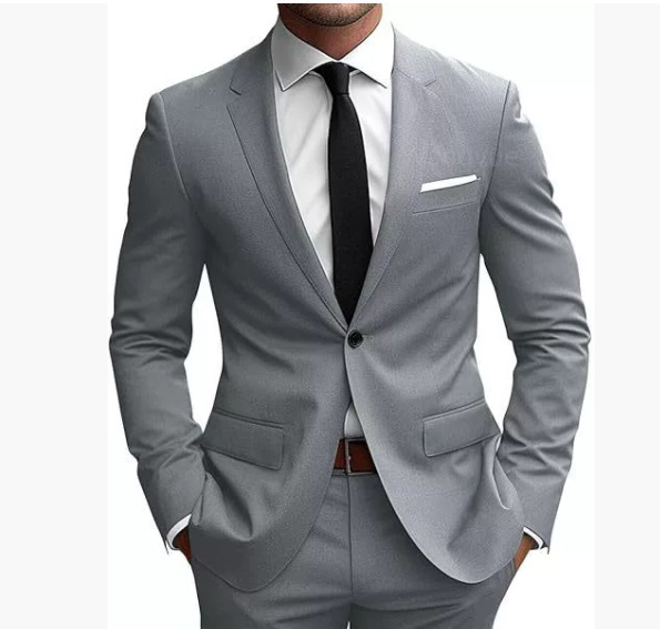 Men's burgundy slim fit suit with notched lapels, button jacket and matching trousers