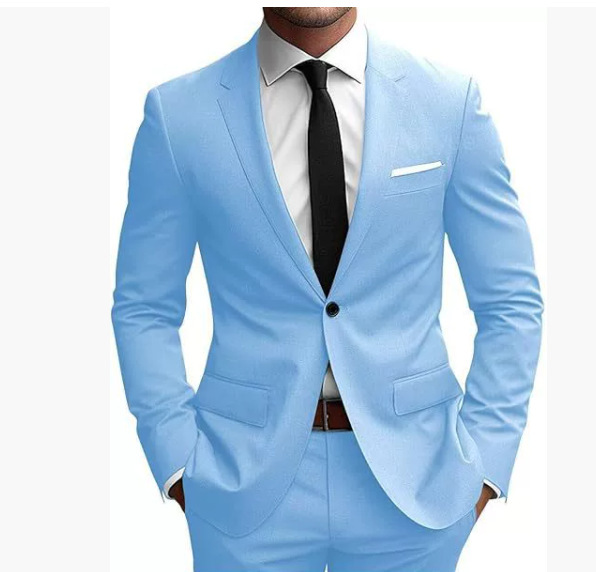 Men's burgundy slim fit suit with notched lapels, button jacket and matching trousers