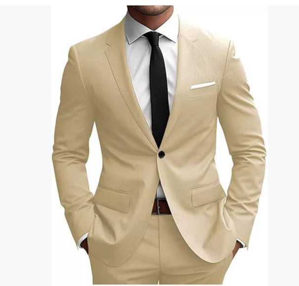 Men's burgundy slim fit suit with notched lapels, button jacket and matching trousers