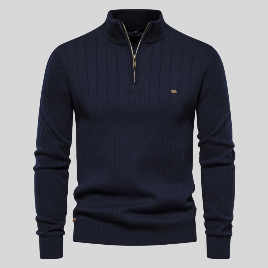 Men's ribbed quarter-zip jumper with mock neck and long sleeves