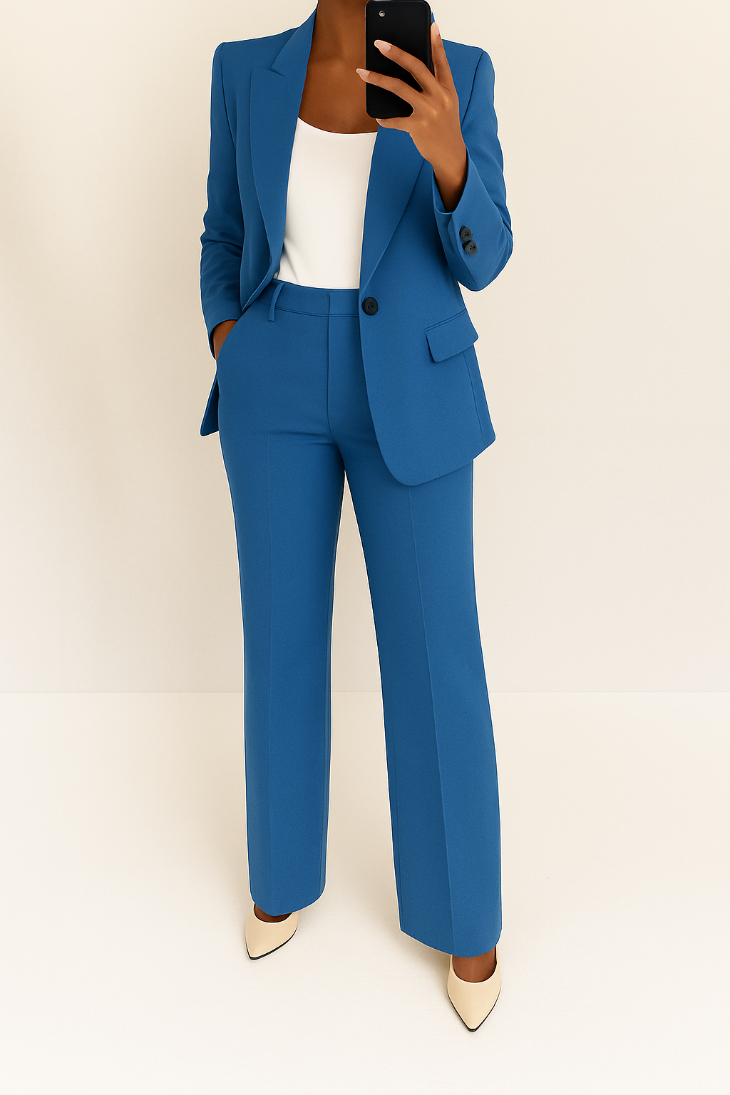 Women's two-piece trouser suit set with tailored blazer and full-length trousers
