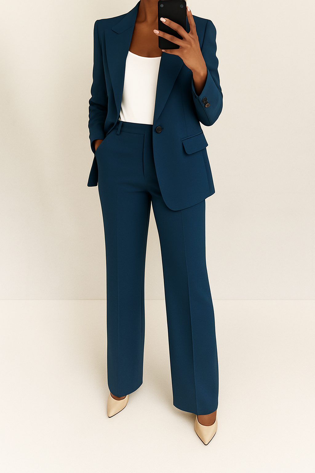 Women's two-piece trouser suit set with tailored blazer and full-length trousers