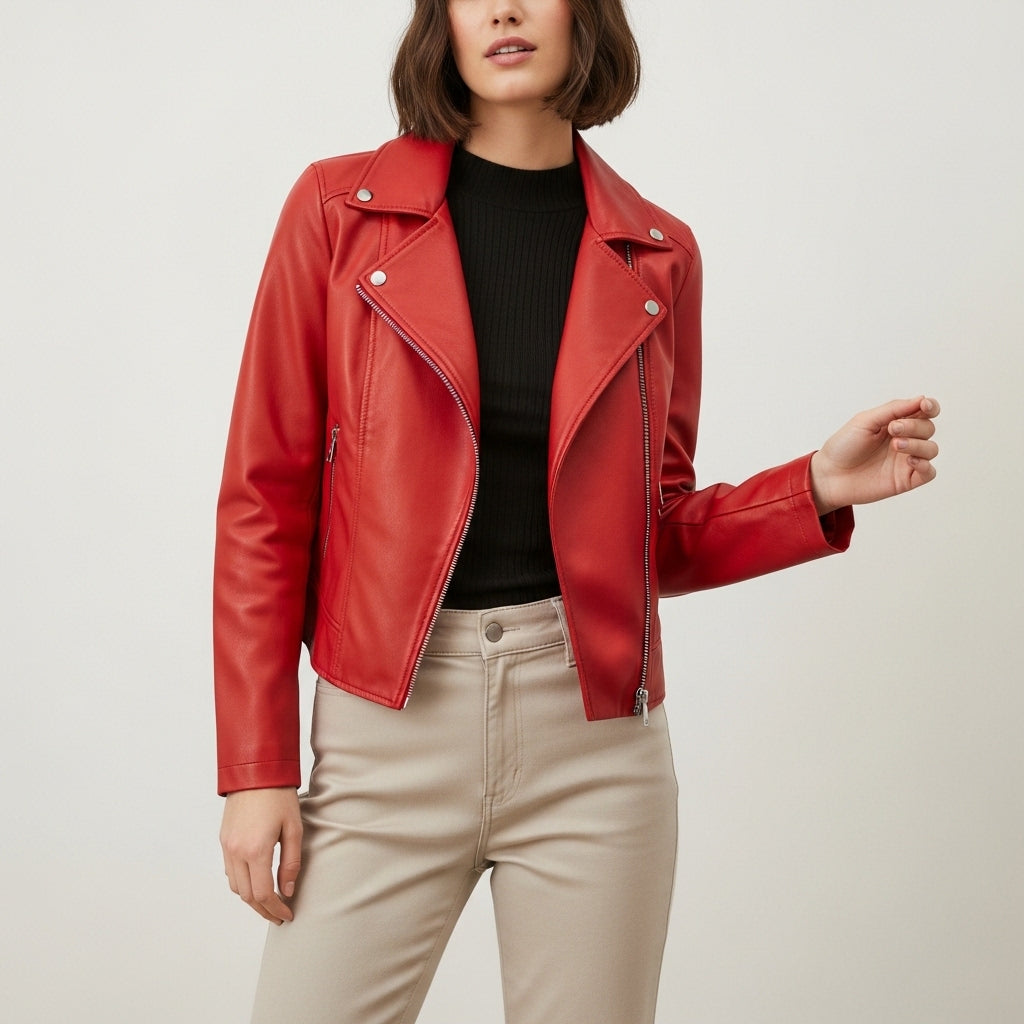 Women's long sleeve collared biker jacket with zip front and zipped pockets