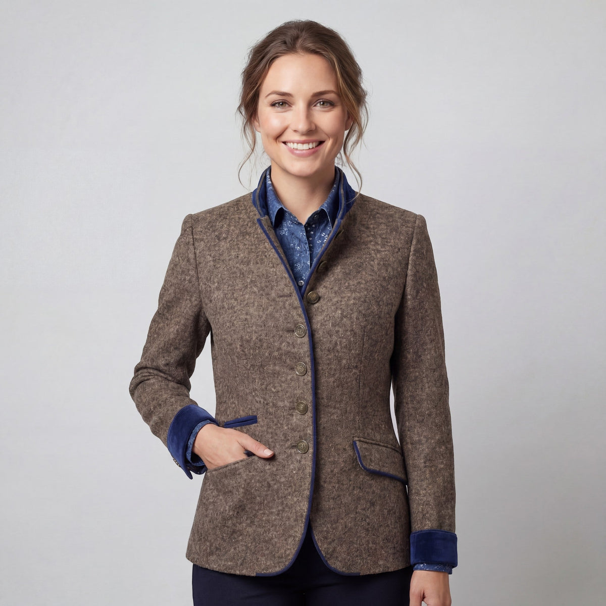 Women's textured blazer with mandarin collar, button front and trimmed patch pockets