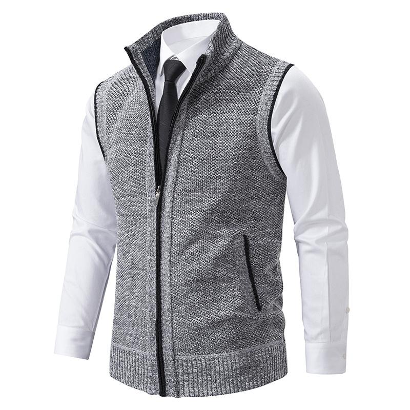 Men's knitted sleeveless vest with stand collar and zip fastening